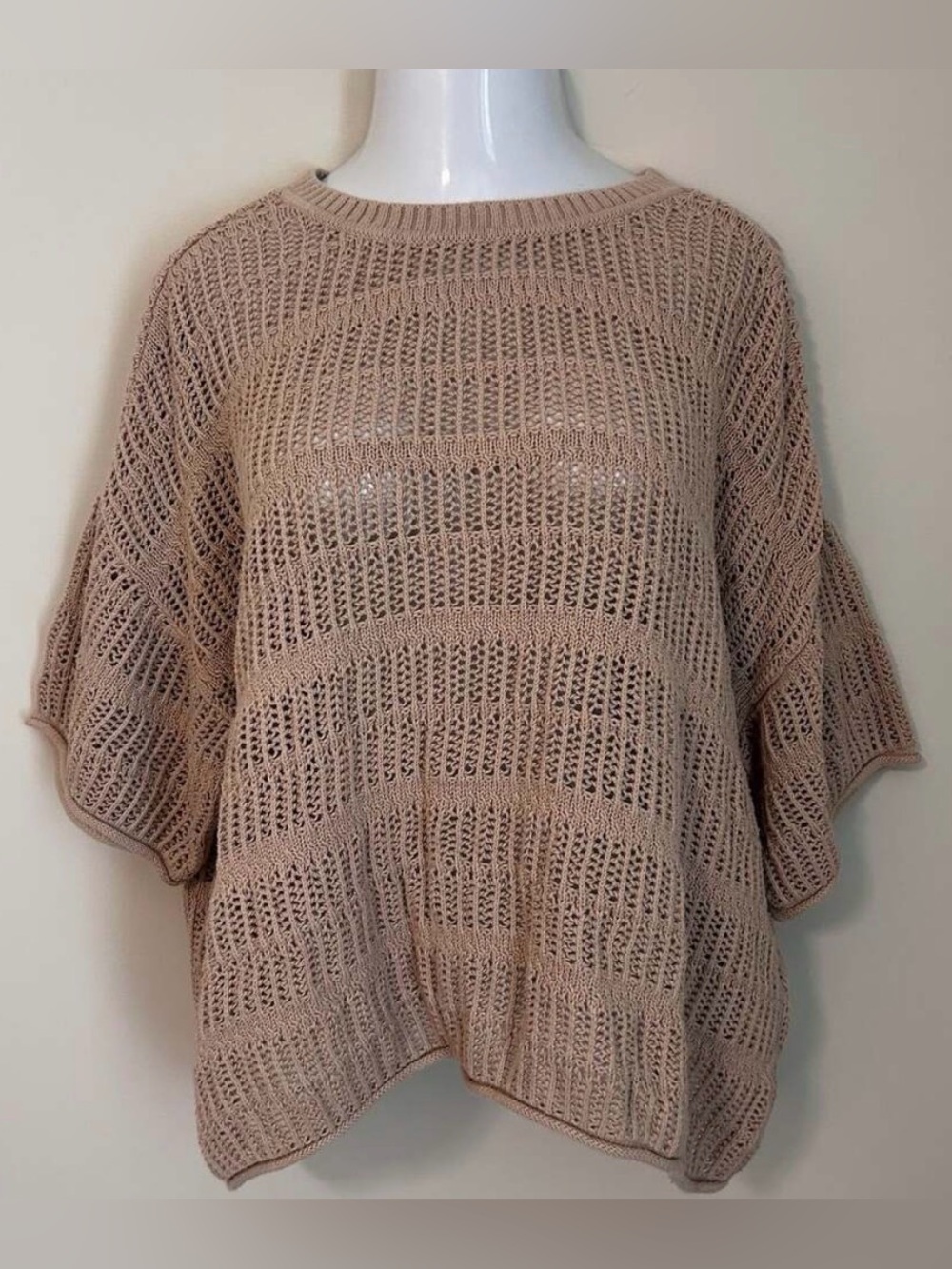 Aerie Crochet Short Sleeve Sweater Beige XL Open Knit Slouchy